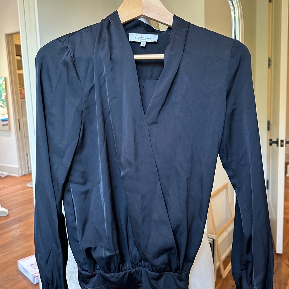 L'Academie Blue Ruched Wrap Bodysuit V-Neck